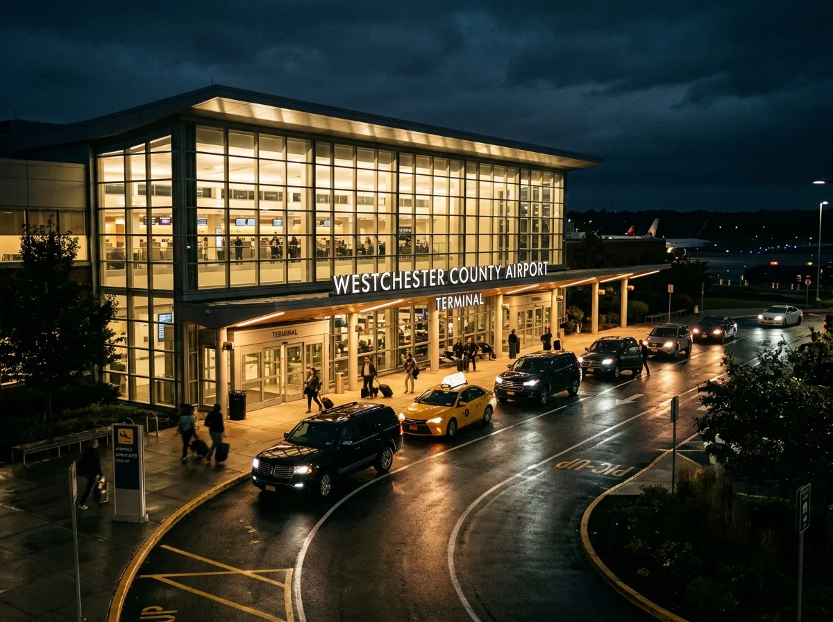 Westchester County Airport terminal entrance at night, illuminated glass facade, vehicles lined up, cinematic dark mood