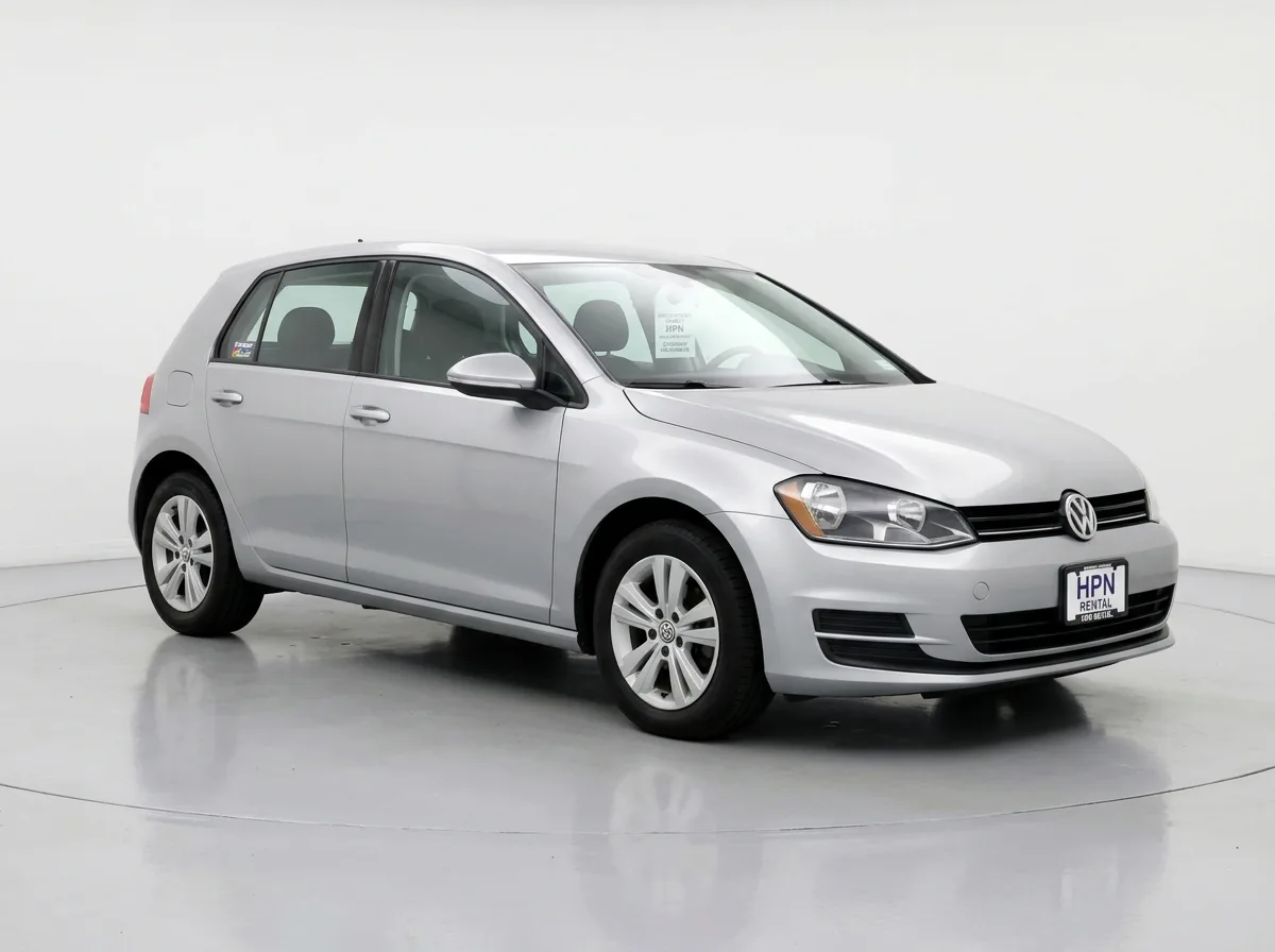Economy hatchback rental car at Westchester County Airport HPN, silver compact vehicle, clean white studio background