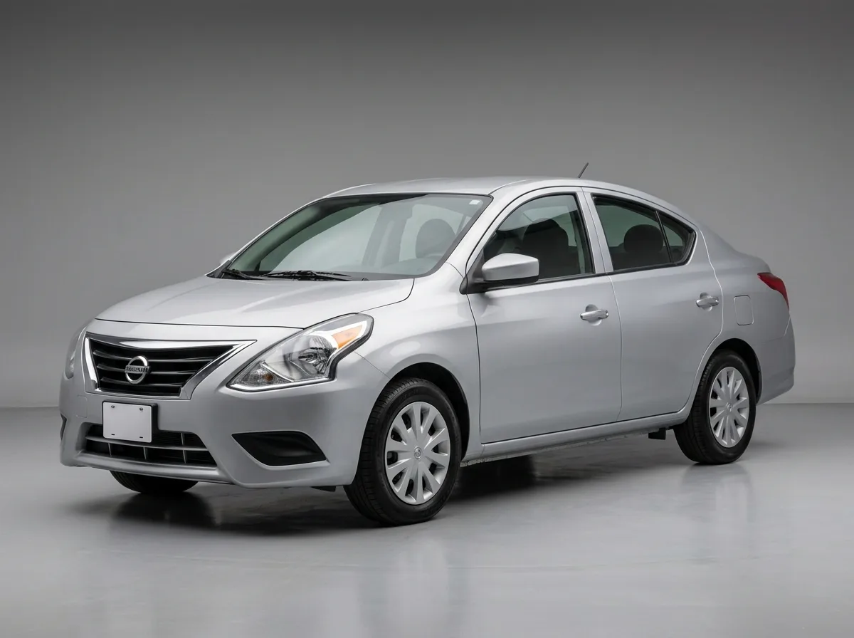 Compact sedan rental vehicle at HPN airport, Nissan Versa, silver, three-quarter front view, neutral studio