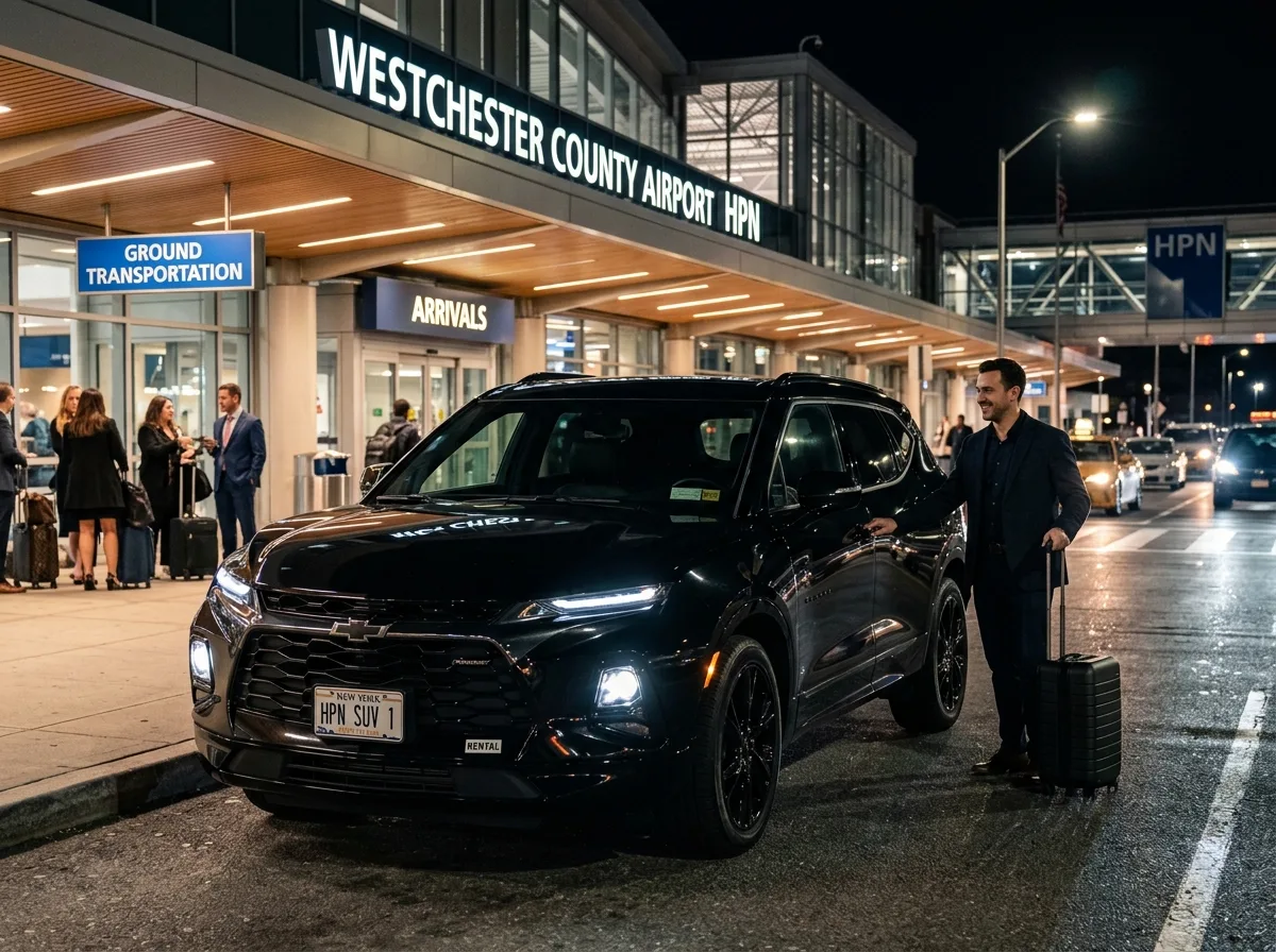 Chevrolet Blazer premium SUV rental HPN airport, gloss black, upscale vehicle exterior, nighttime urban setting