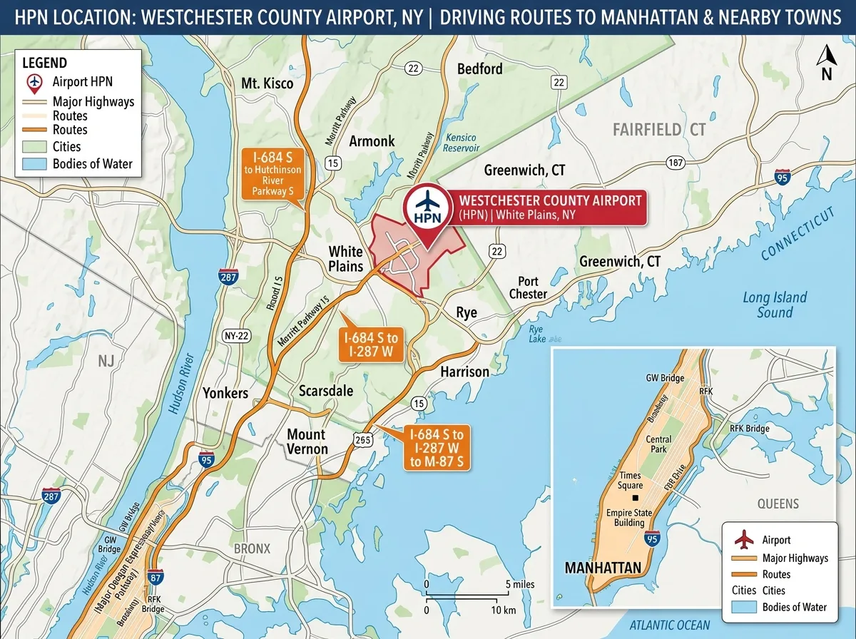 Map showing Westchester County Airport HPN location in White Plains New York, driving routes to Manhattan and nearby towns