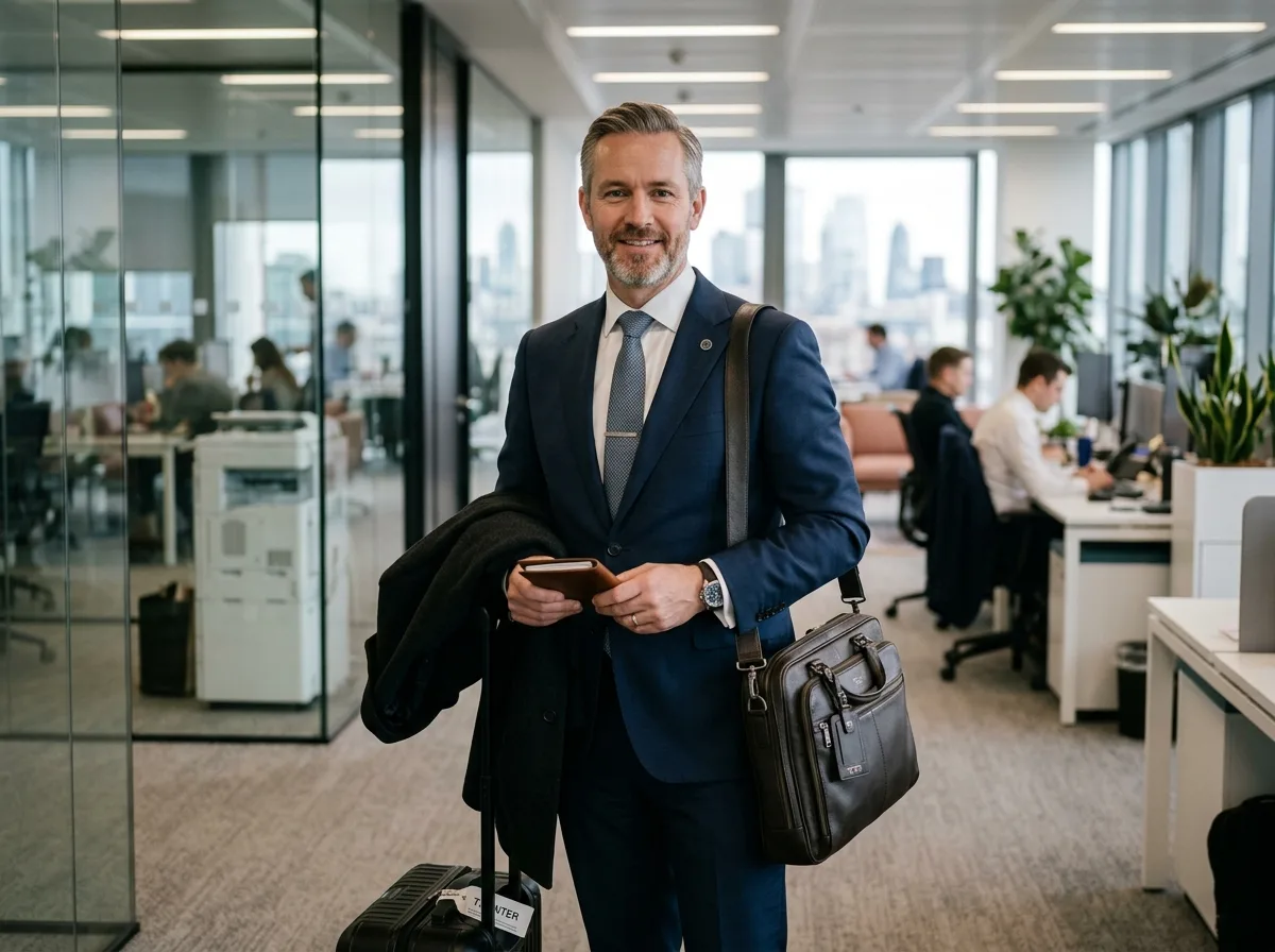 Portrait of traveler Thomas W, male business traveler in his 40s, professional appearance, office background