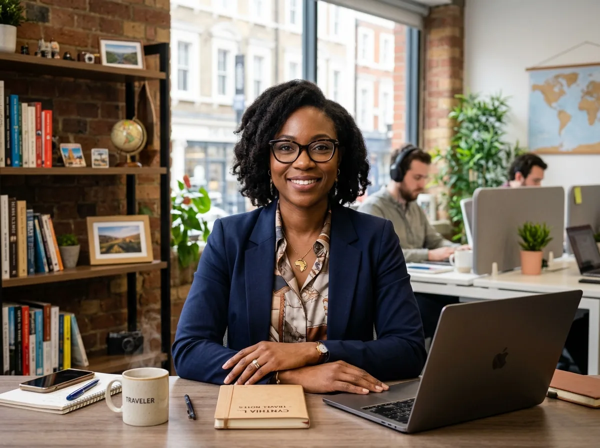 Portrait of Cynthia L, woman traveler, glasses, professional, indoor office setting