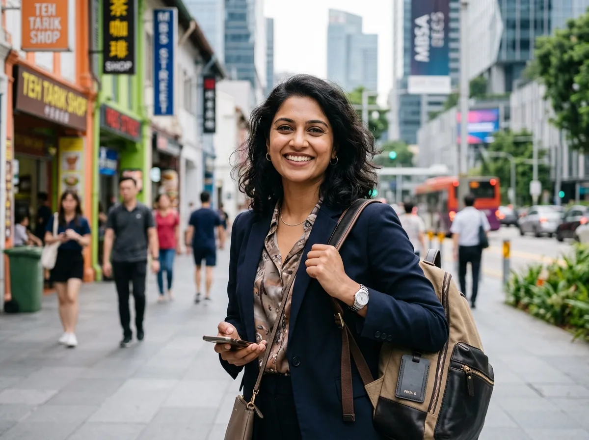 Portrait of Priya S, professional woman traveler in her 30s, confident expression, urban backdrop