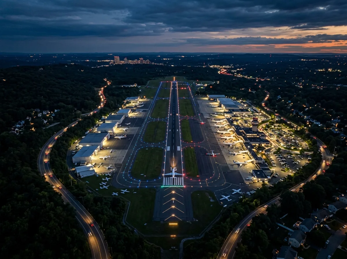 Aerial view of Westchester County Airport at dusk with runway lights glowing, dark sky, cinematic perspective